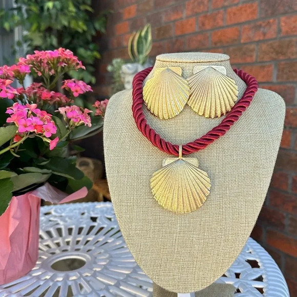 Seashell Gold Red Rope Chain Earrings Necklace Earrings Set - Picture 1 of 17